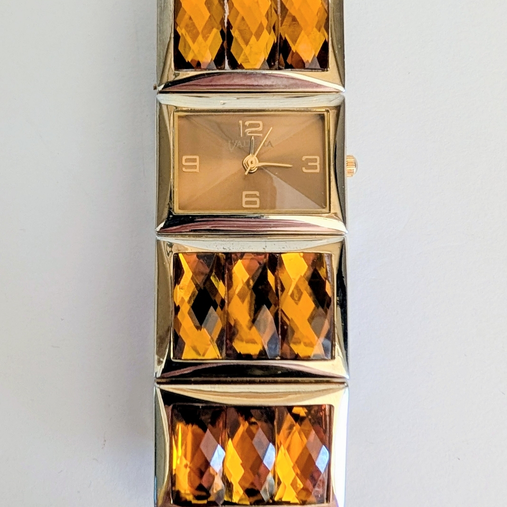 Valletta Gold Tone Bracelet Watch Large Amber Crystals Japan Quartz New Battery